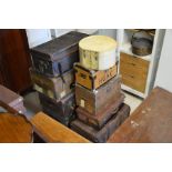 Eight various vintage school-type trunks and chests, tuck boxes, circular hat box