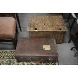A vintage leather suitcase to/w a wicker hamper (2)