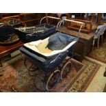 Two vintage navy blue prams/baby carriages