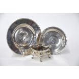Small silver dish, open salt and dish set with Turkish coin