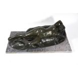 A green patinated bronze reclining female nude