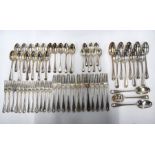 Extensive matched set of mostly Victorian silver bead-edge flatware