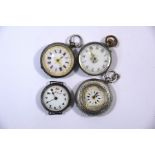 Three white metal fob watches and vintage wristwatch