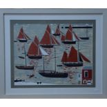 A contemporary screenprint of sailing boats in a harbour