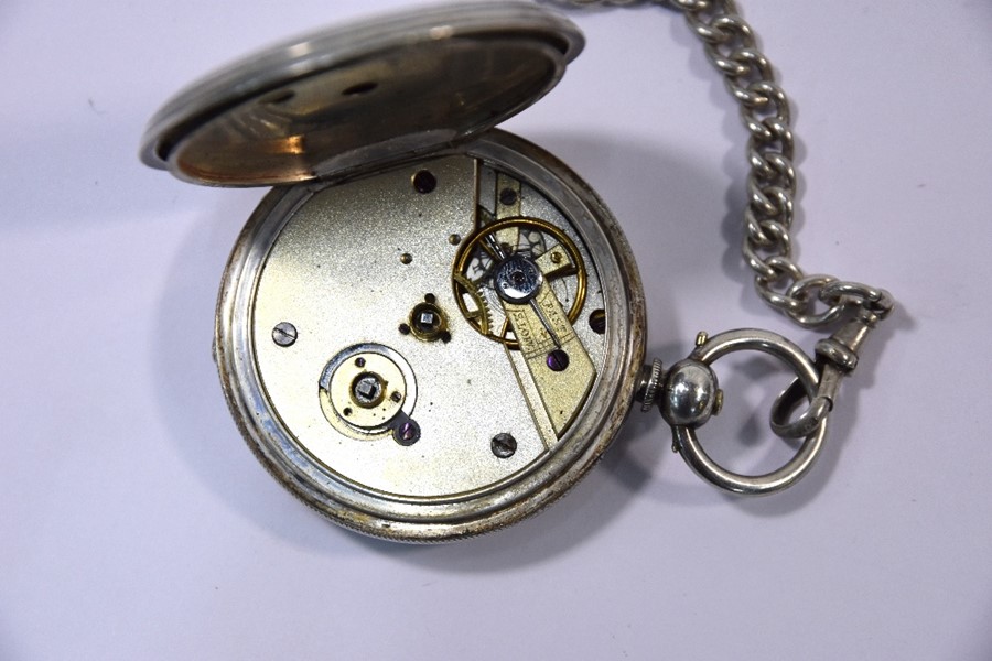 Swiss fine silver hunter pocket watch with silver double Albert chain - Image 3 of 4