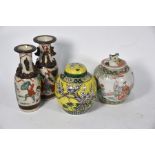 A pair of Chinese crackle-glazed famille rose vases to/w two ginger jars (2)
