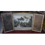 Two 19th century Chinese watercolours on silk of mountain landscapes to/w a print