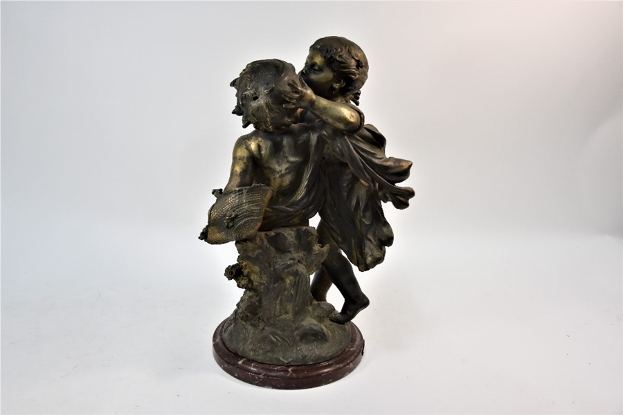 After Auguste Morreau, an antique cast spelter figure pair of figures 'Fere & Sceur'