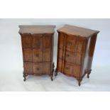 A pair of walnut three drawer chests of serpentine form