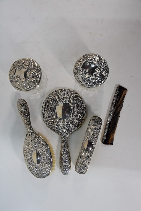 A four-piece embossed silver brush set with hand mirror, in fitted presentation case - Image 4 of 5