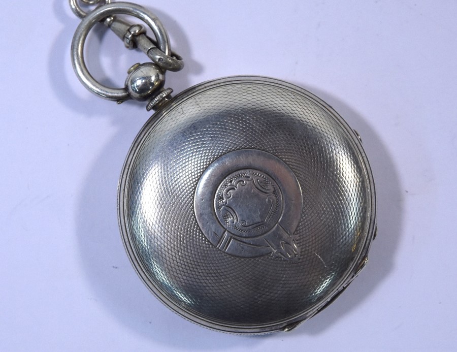 Swiss fine silver hunter pocket watch with silver double Albert chain - Image 4 of 4