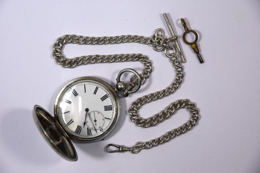 Swiss fine silver hunter pocket watch with silver double Albert chain