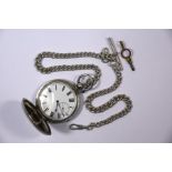 Swiss fine silver hunter pocket watch with silver double Albert chain
