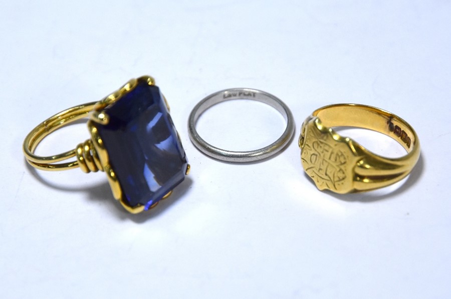 Signet ring, wedding band and cocktail ring