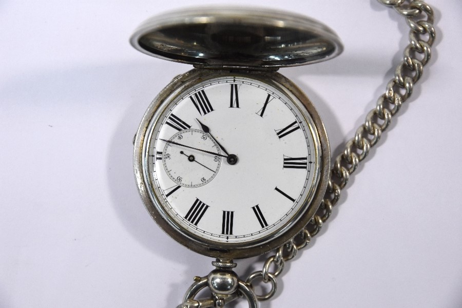 Swiss fine silver hunter pocket watch with silver double Albert chain - Image 2 of 4