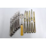 George IV silver stilton scoop & various dessert knives and forks