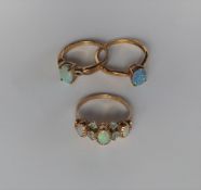 A three stone fire opal dress ring to 9ct gold setting together with another 9ct gold opal set