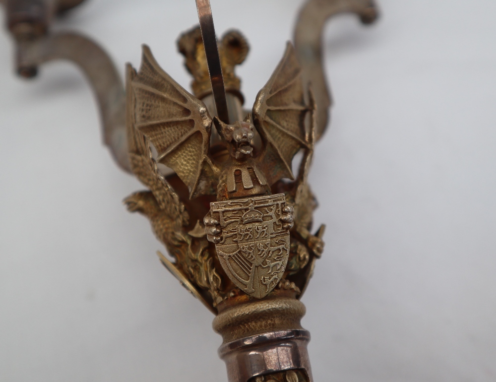 An Aurum silver three branch candleabra, applied with Griffins holding shields, - Image 6 of 7