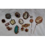 Three shell cameo brooches together with other brooches,