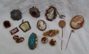 Three shell cameo brooches together with other brooches,