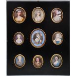 A collection of nine 18th and 19th century oval portrait miniatures, painted onto ivory and enamel,