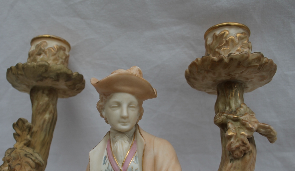 A pair of Royal Worcester Watteau style figural candelabra, - Image 7 of 8