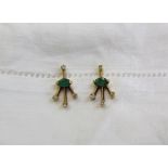 A pair of emerald and diamond earrings, of fan shape,