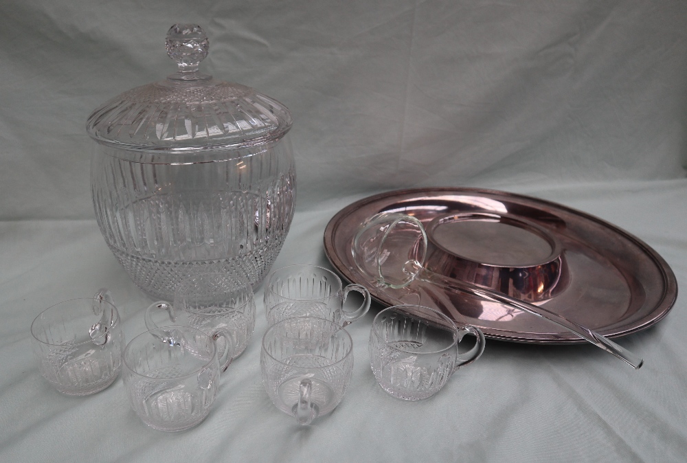 A French crystal punch bowl with a domed lid, ladle and six glasses on an electroplated base, - Image 2 of 2