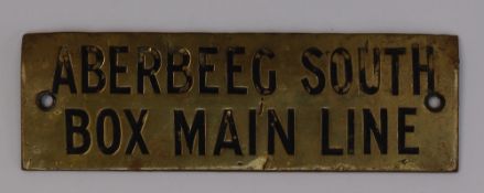 Railwayana - A brass signal box shelfplate "ABERBEEG SOUTH BOX MAIN LINE", 12 x 3.