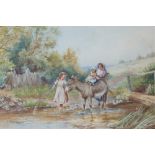 H Hammond Riding the donkey Three children with a donkey in a stream Watercolour Signed 29.