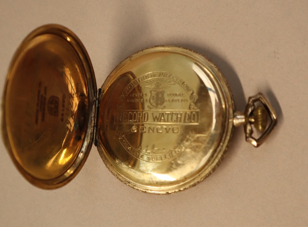 A gold plated Record open faced pocket watch,cased together with a gilt metal watch chain, - Image 4 of 5