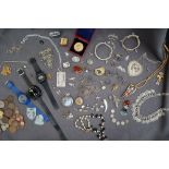 Assorted costume jewellery including necklaces, bracelets, rings, wristwatches, pocket watch,