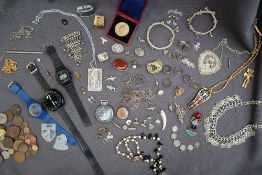 Assorted costume jewellery including necklaces, bracelets, rings, wristwatches, pocket watch,