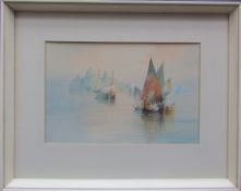 Stanley A Burchett Ships in a bay Watercolour Signed 23 x 34cm