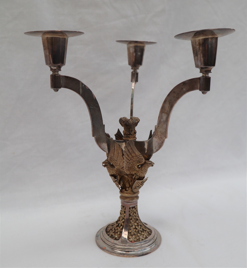 An Aurum silver three branch candleabra, applied with Griffins holding shields, - Image 2 of 7