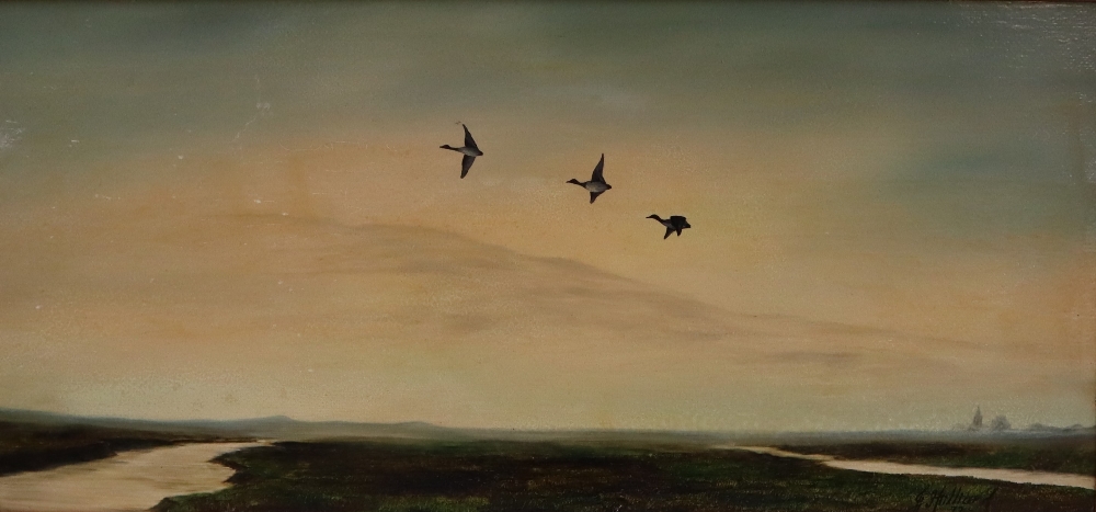Jos Hilliard Ducks in flight over a waterway Signed and dated '72 Oil on board 27 x 57. - Bild 2 aus 6