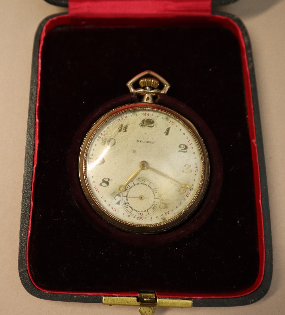 A gold plated Record open faced pocket watch,cased together with a gilt metal watch chain, - Image 3 of 5