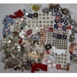 A large collection of loose coins including 5 pence, half pence, six pence, shillings, pennies,