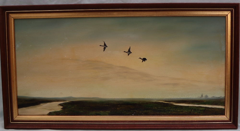 Jos Hilliard Ducks in flight over a waterway Signed and dated '72 Oil on board 27 x 57.