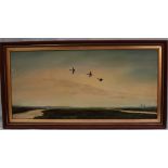 Jos Hilliard Ducks in flight over a waterway Signed and dated '72 Oil on board 27 x 57.