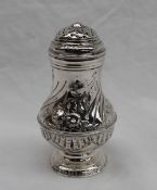 A George II silver bun top castor with shell and foliate decoration of baluster outline to a