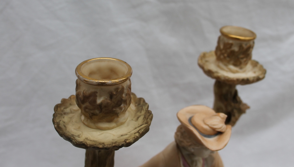 A pair of Royal Worcester Watteau style figural candelabra, - Image 3 of 8