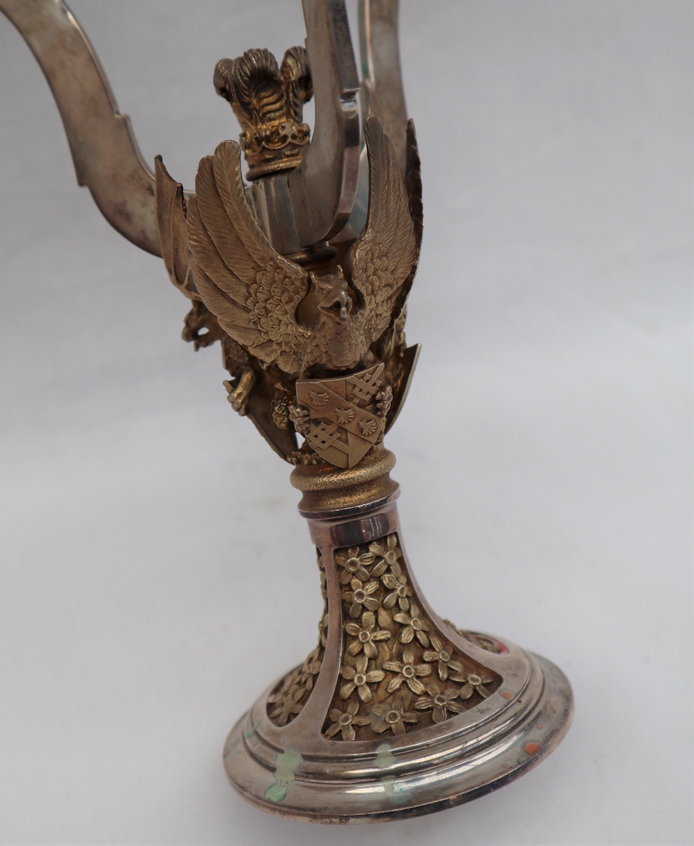 An Aurum silver three branch candleabra, applied with Griffins holding shields, - Image 3 of 7