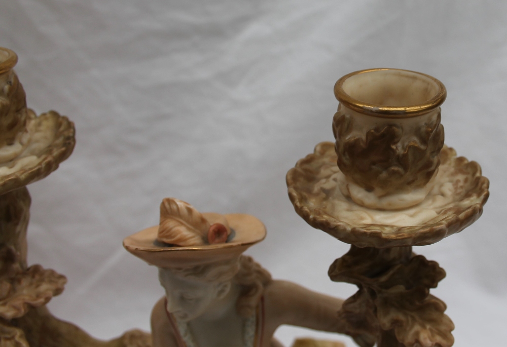 A pair of Royal Worcester Watteau style figural candelabra, - Image 6 of 8