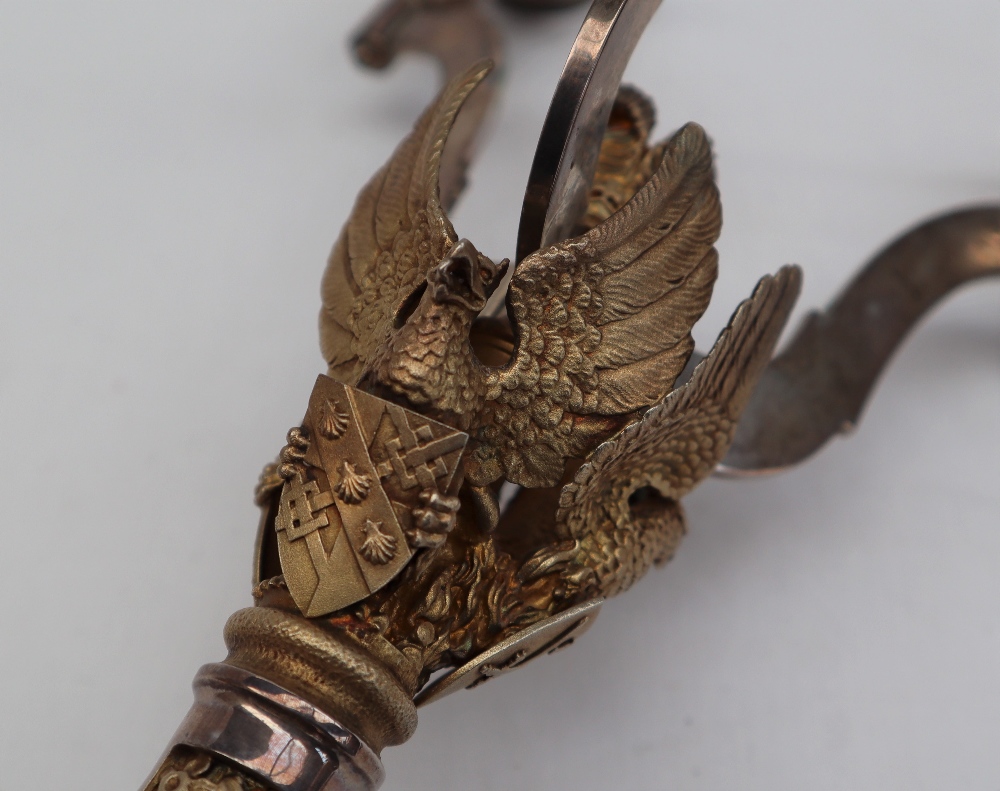 An Aurum silver three branch candleabra, applied with Griffins holding shields, - Image 4 of 7