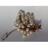 A yellow and white metal brooch, set with thirty pearls each approximately 7mm in diameter,