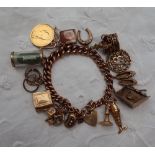 A 9ct yellow gold charm bracelet, set with numerous charms including a pub, slippers, 13, crown,