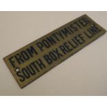 Railwayana - A brass signal box shelfplate "FROM PONTYMISTER SOUTH BOX RELIEF LINE", 11.8 x 3.