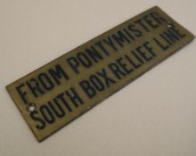 Railwayana - A brass signal box shelfplate "FROM PONTYMISTER SOUTH BOX RELIEF LINE", 11.8 x 3.