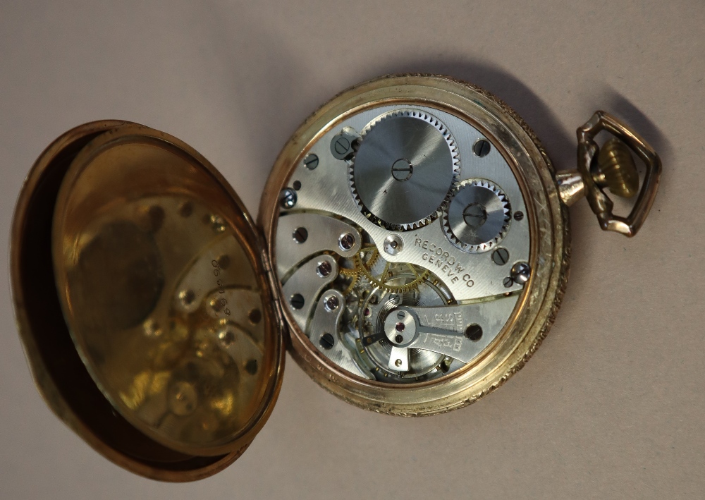 A gold plated Record open faced pocket watch,cased together with a gilt metal watch chain, - Image 5 of 5